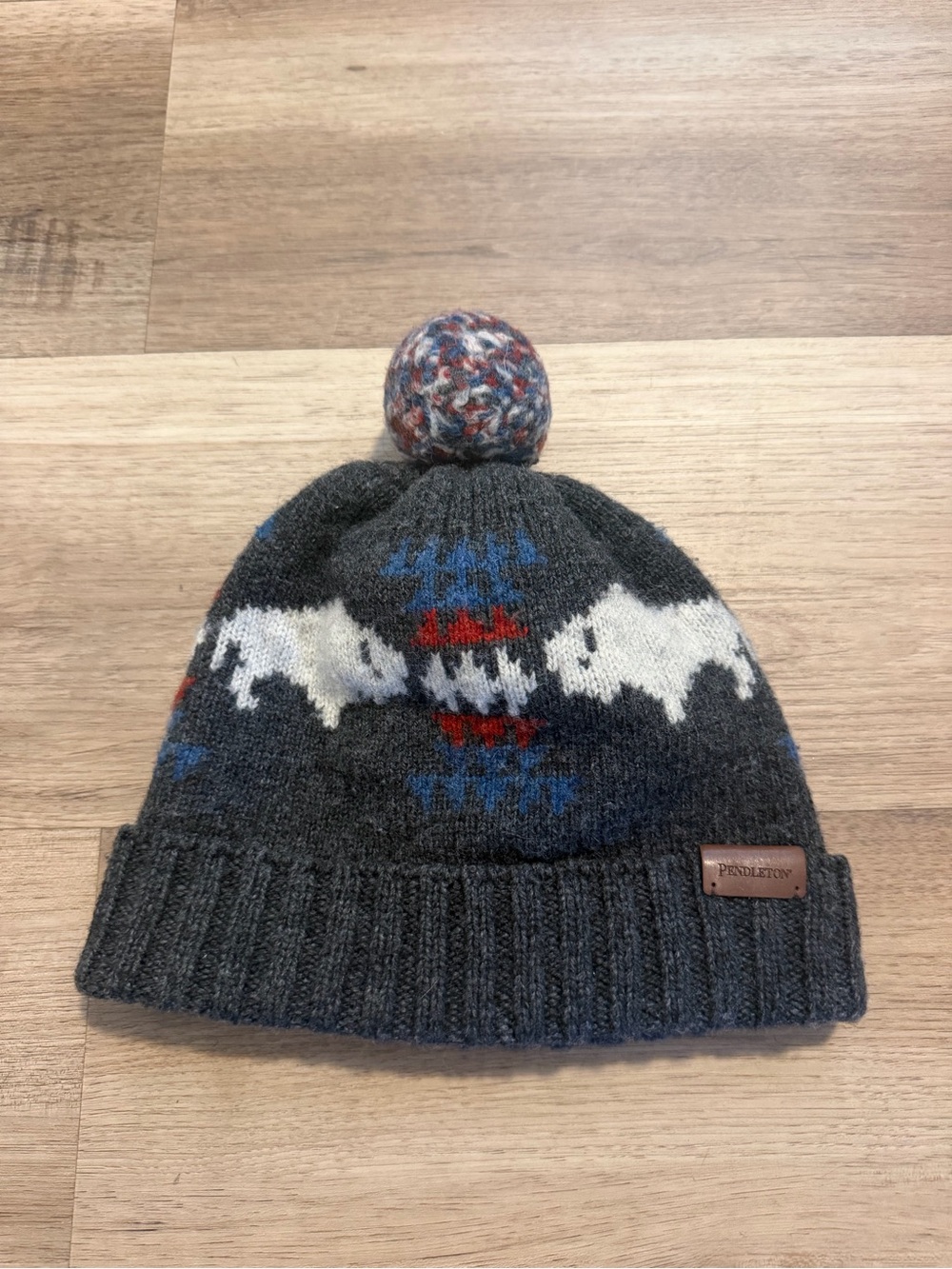 Pendleton Aztec Buffalo Pom Beanie Lambswool Gray
